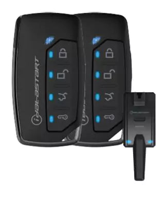 A black, iData 2-way LED remote Starter kit with multiple buttons and a key fob