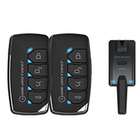 A black, iData 2-way LED remote Starter kit with multiple buttons and a key fob