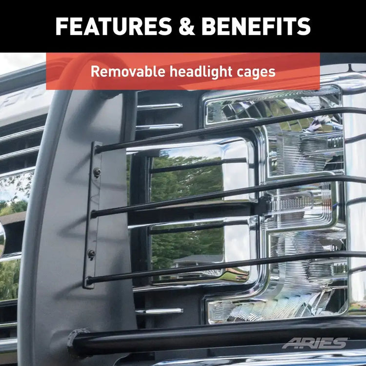 Aries - Black Steel Grille Guard Features and Benefits Remove Headlight